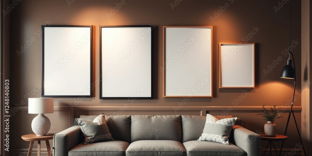 Modern living room interior design with empty frames for artwork and neutral color palette Modern living room interior design with empty frames for artwork and neutral color palette