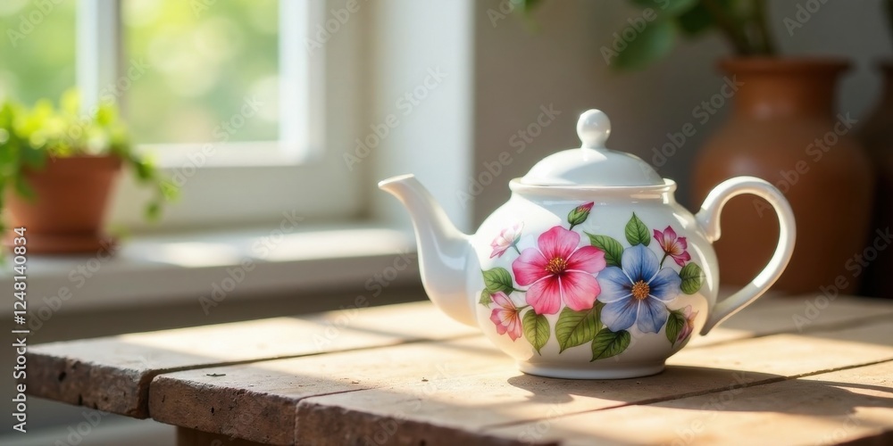 Floral Teapot on Rustic Wooden Table by Sunny Window Floral Teapot on Rustic Wooden Table by Sunny Window