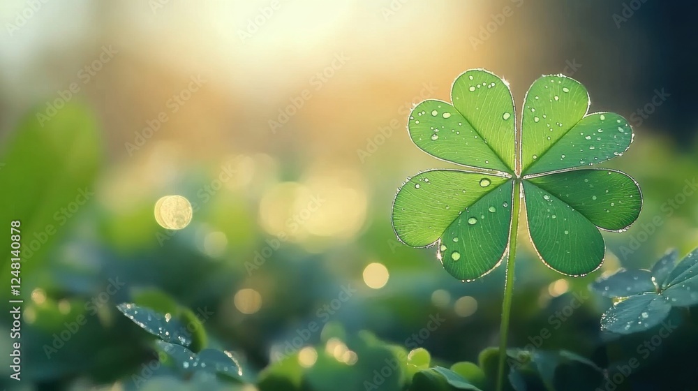 Vibrant green clover with dew drops bathed in golden sunlight, symbolizing luck and renewal in nature's embrace. Vibrant green clover with dew drops bathed in golden sunlight, symbolizing luck and renewal in nature's embrace.