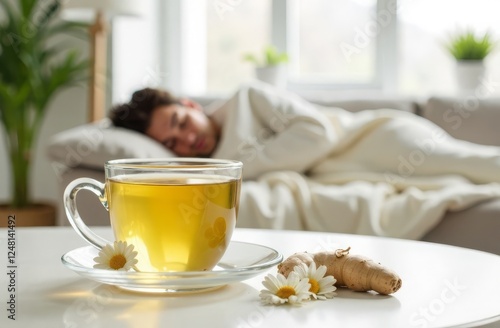 Medicinal chamomile tea in a transparent mug, chamomile flower and ginger are on a white table. In the background, a sick boy sleeps on the couch. Treatment of colds at home photo