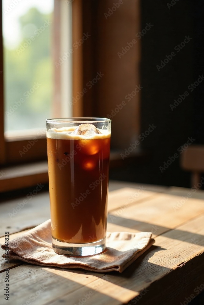 Refreshing Iced Coffee Beverage in Sunlight near Window Refreshing Iced Coffee Beverage in Sunlight near Window