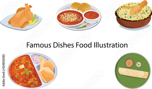 A collection of famous dishes from various cuisines, illustrated in a visually appealing style.
