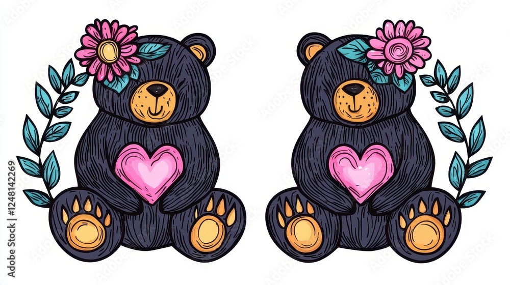 Cute Black Bears with Flowers and Hearts for Kids' Art Design Cute Black Bears with Flowers and Hearts for Kids' Art Design