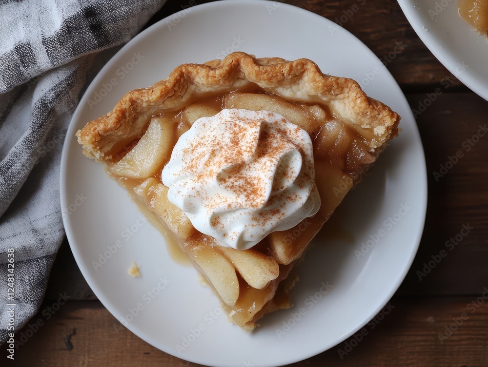 Slice of homemade apple pie topped with whipped cream and cinnamon served on a white plate with rustic wooden background Slice of homemade apple pie topped with whipped cream and cinnamon served on a white plate with rustic wooden background