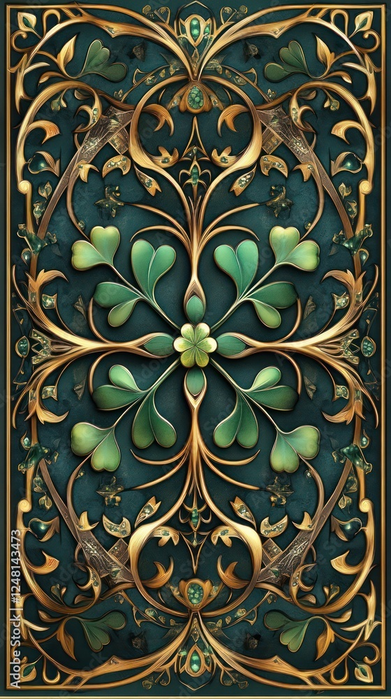 Intricate design showcases shamrock clovers intertwined with ornate gold details against a deep green backdrop, perfect for St. Patrick’s Day festivities and eco-friendly themes