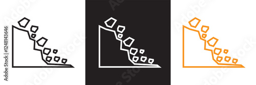Landslide Icon.  Mountain hill, Rockfall landslide natural disaster warning sign icon.  isolated on white and black background. vector illustration. EPS 10