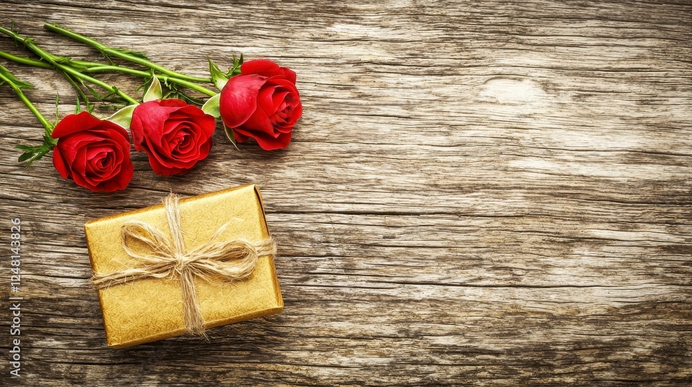 Elegant Gift Box and Fresh Red Roses on Rustic Wood Background Elegant Gift Box and Fresh Red Roses on Rustic Wood Background