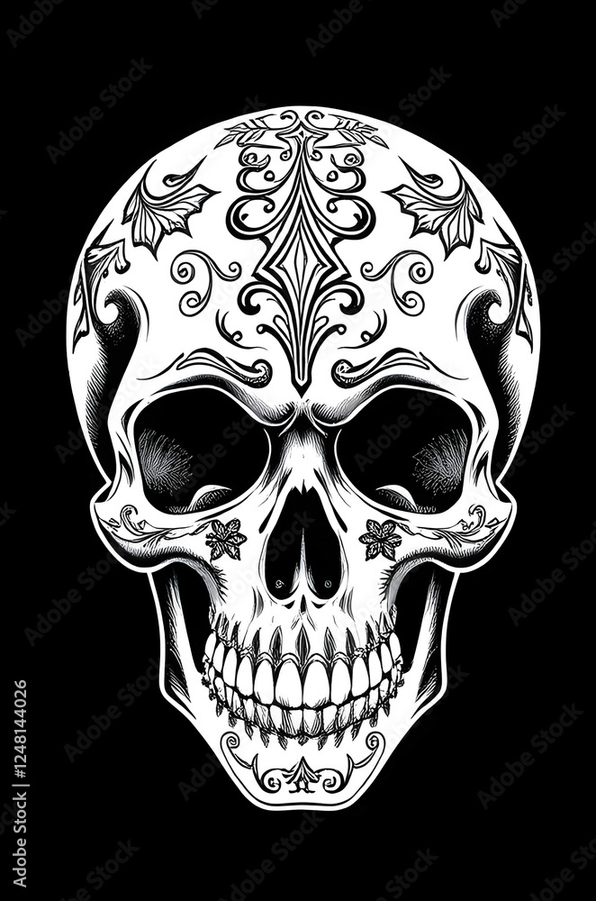 human skull with ornaments black and white sketch human skull with ornaments black and white sketch