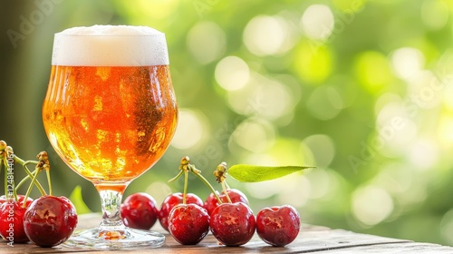 Refreshing beer glass with cherries beside it. photo