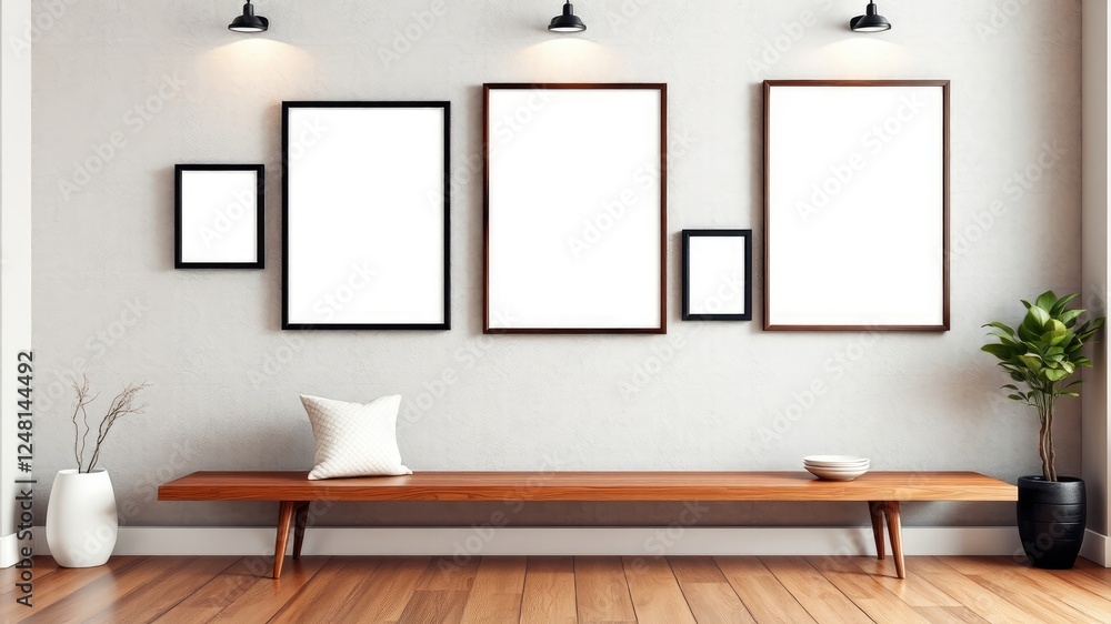 Modern minimalist interior with empty picture frames and wooden bench Modern minimalist interior with empty picture frames and wooden bench