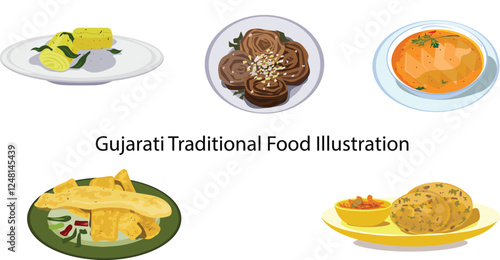 A beautifully detailed collection of gujarat’s traditional delicacies, perfect for food-related content and projects.