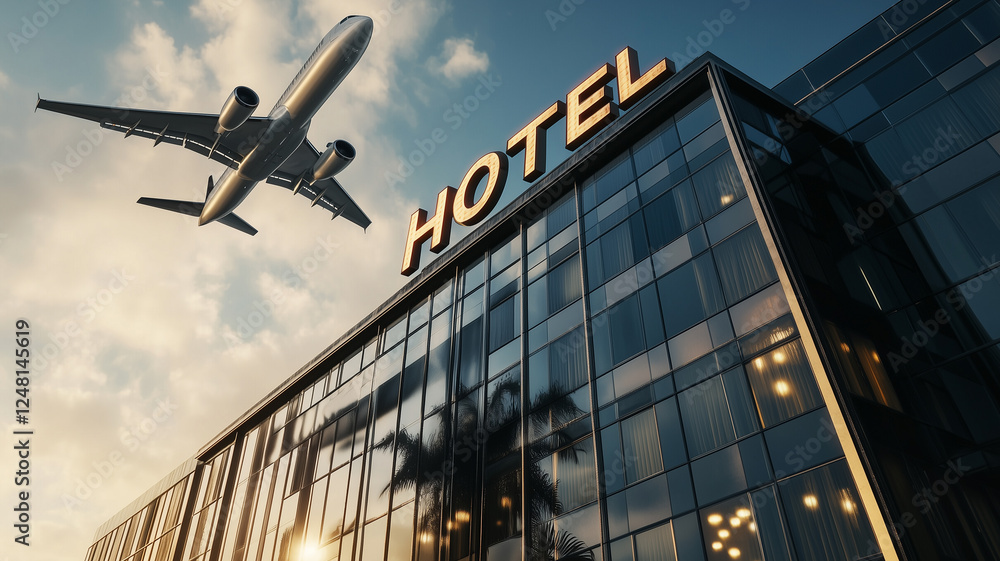 © senerdagasan - Travel concept image. An airplan flying over the modern hotel building © senerdagasan - Travel concept image. An airplan flying over the modern hotel building