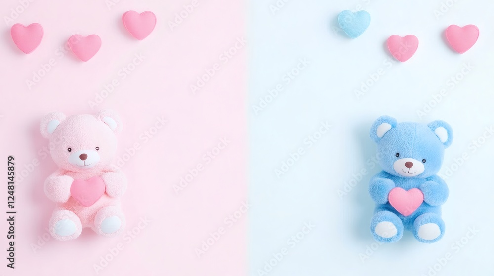 Obraz premium Cute teddy bears on pastel background with heart decorations, perfect for a children's celebration or a sweet surprise