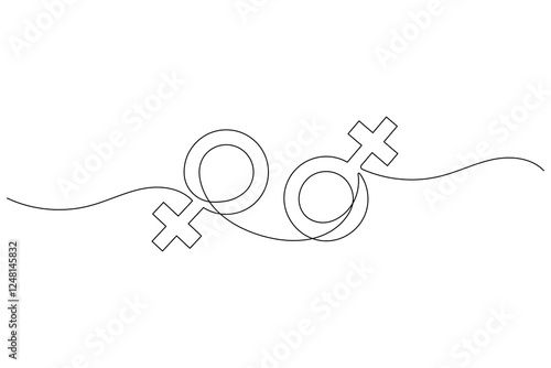 Female gender symbol continuous one line drawing and Female gender minimalist style isolate outline vector icon