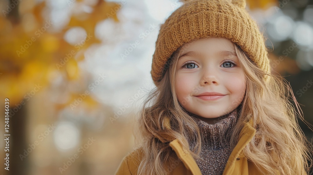 Charming young girl in warm autumn attire smiles brightly amid golden leaves in a serene park setting Charming young girl in warm autumn attire smiles brightly amid golden leaves in a serene park setting
