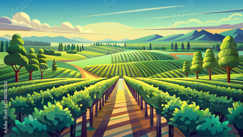 Vast green grape vineyard landscape under soft morning light with endless rows of grapevines and blue sky creating a serene agricultural setting