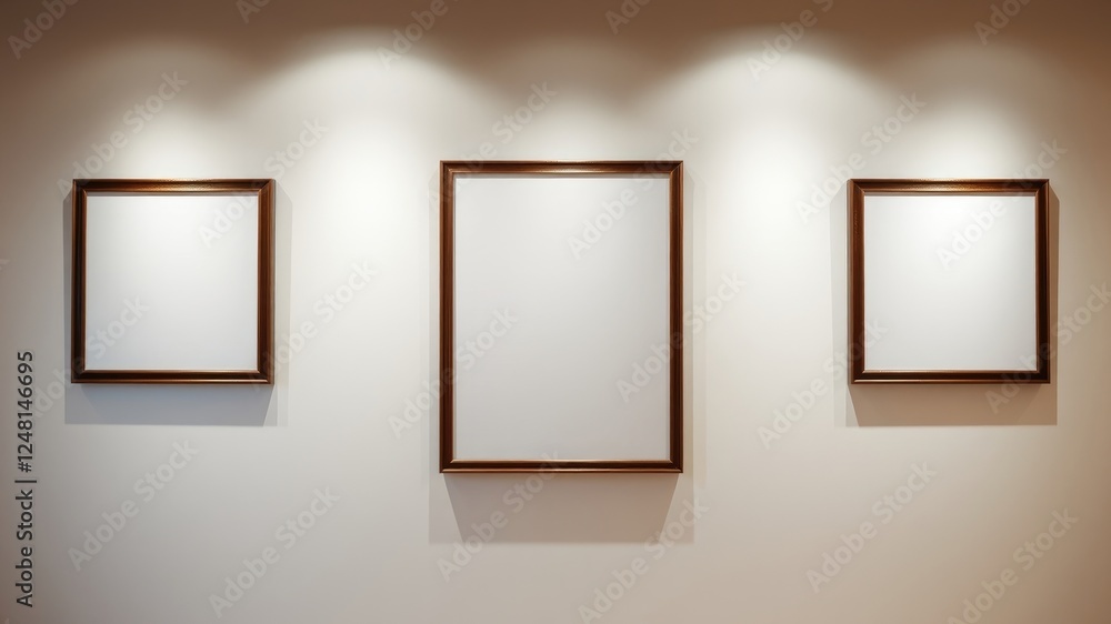 Three empty picture frames on a light wall, ready for artwork display Three empty picture frames on a light wall, ready for artwork display