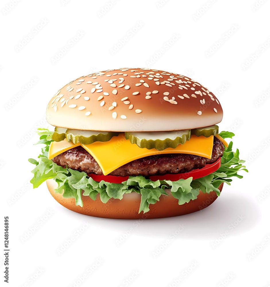 Realistic illustration of a hamburger with cheese, lettuce, and tomato on a white background. Vector design element for a fast food menu or advertising Realistic illustration of a hamburger with cheese, lettuce, and tomato on a white background. Vector design element for a fast food menu or advertising