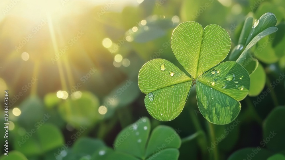 Vibrant green clover with dew drops bathed in golden sunlight, symbolizing luck and renewal in nature's embrace.