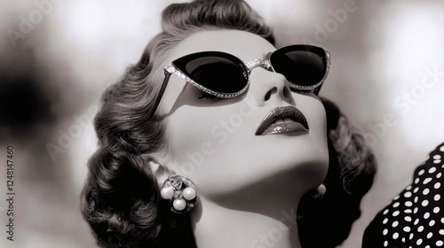 Elegant woman in vintage sunglasses and stylish attire poses outdoors in a bright setting capturing 1950s glamour