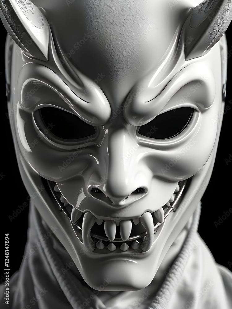 Naklejka premium japanese demon samourai mask , black and white digital 3d illustration 