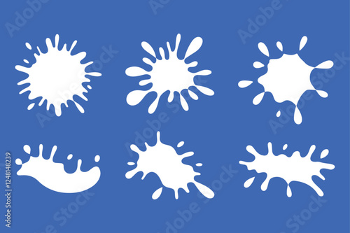 Set of six stylized milk splash icons against a bold blue background.