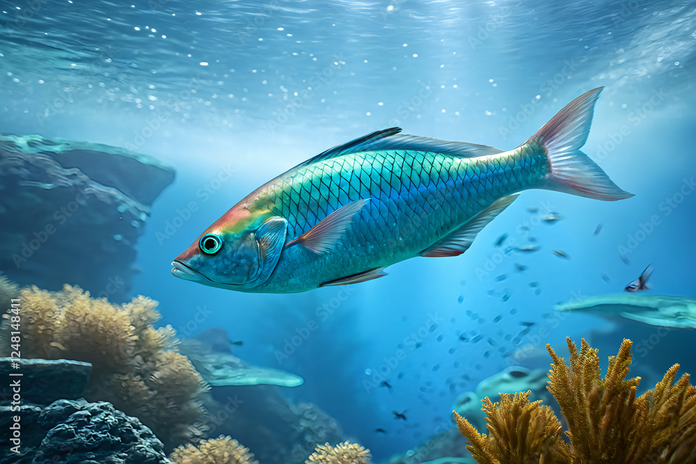 Naklejka premium Vibrant Underwater Scene Featuring Colorful Fish Swimming in Coral Reef