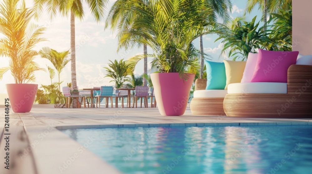 Fototapeta premium Vibrant Poolside Breakfast Area Surrounded by Lush Palm Trees
