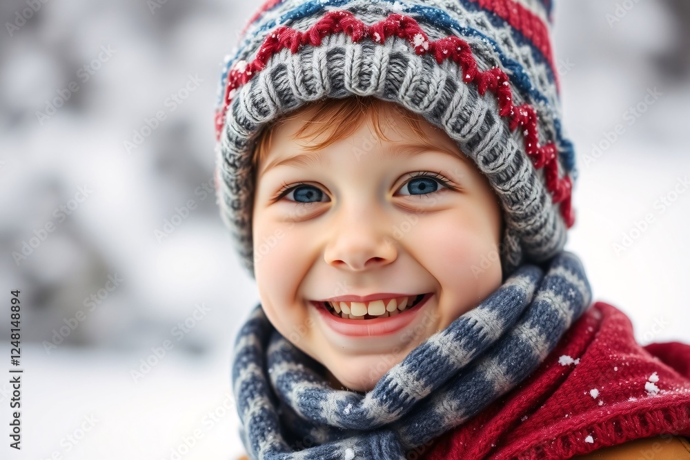 Cheerful child with a warm smile, wearing a cozy knit hat and scarf on a snowy winter day, radiating happiness and warmth. Cheerful child with a warm smile, wearing a cozy knit hat and scarf on a snowy winter day, radiating happiness and warmth.