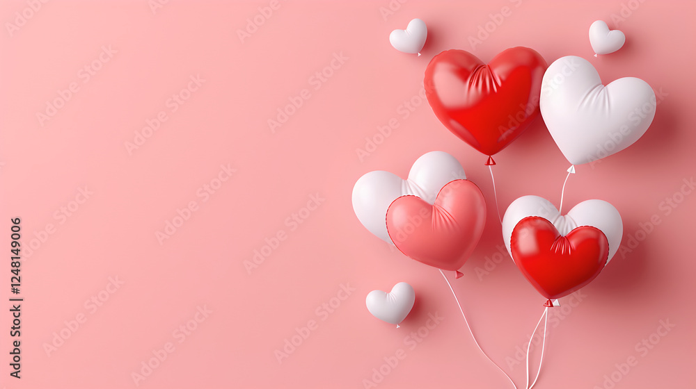 Heart shaped balloons in red and white create festive atmosphere Heart shaped balloons in red and white create festive atmosphere
