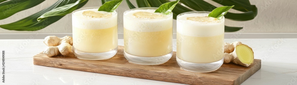 Refreshing ginger-based beverage on wooden board. Refreshing ginger-based beverage on wooden board.