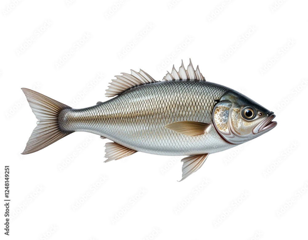 One fresh sea bass fish isolated on white background One fresh sea bass fish isolated on white background