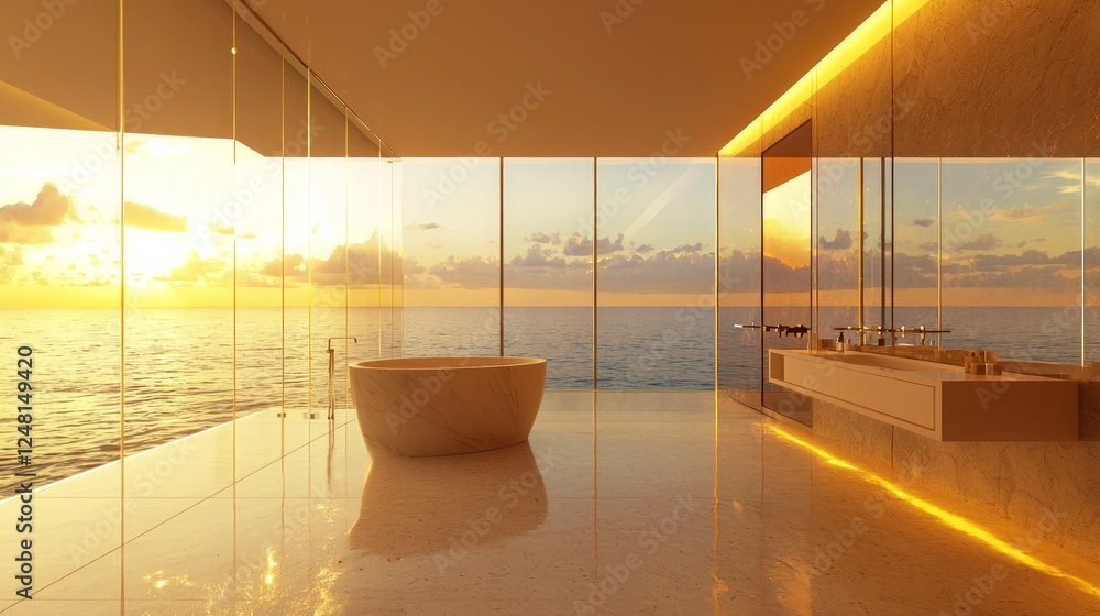 Fototapeta premium Luxury Bathroom with Wall-to-Wall Ocean View at Sunset