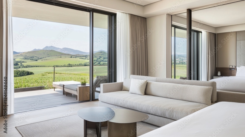 Fototapeta premium Modern Minimalist Suite with Scenic View and Natural Light