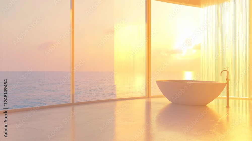 Luxurious Bathroom with Stunning View of Sunset Over Water Luxurious Bathroom with Stunning View of Sunset Over Water