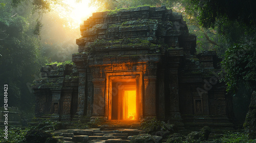Ancient temple entrance illuminated by sunlight in a lush jungle setting