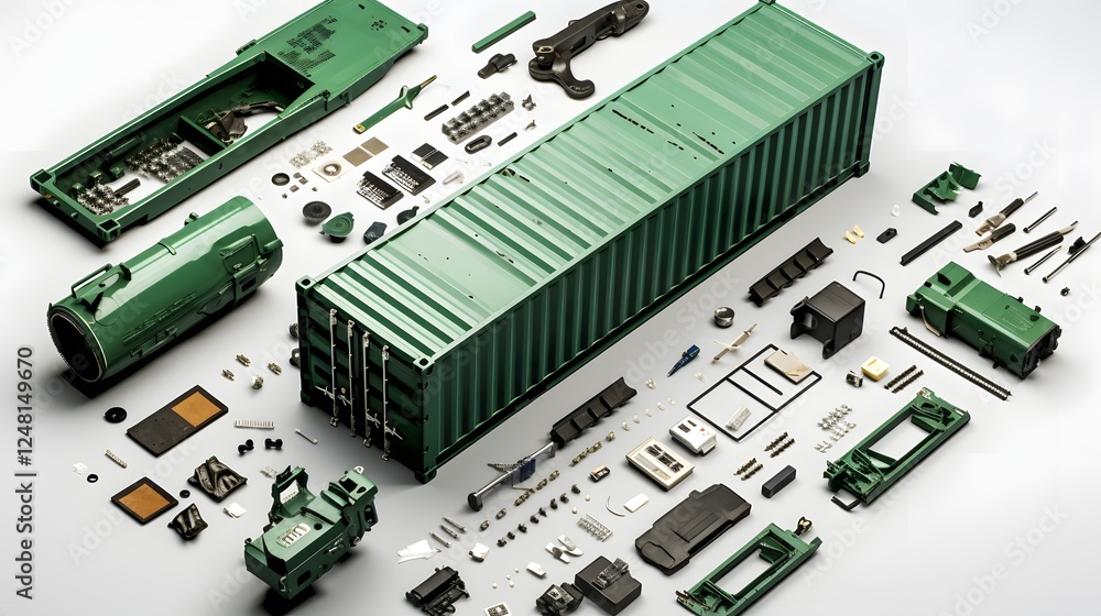 Detailed technical showcasing the individual components of a disassembled shipping container laid out neatly against a bright white background Detailed technical showcasing the individual components of a disassembled shipping container laid out neatly against a bright white background