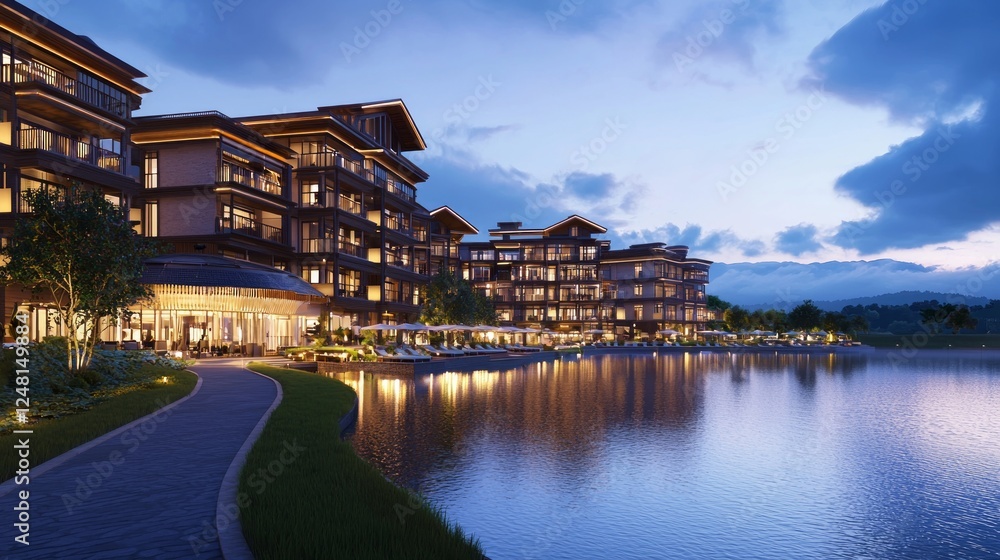 Fototapeta premium Luxurious Lakeside Resort with Intricate Design at Sunset