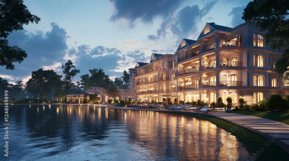 Naklejka premium Grand Lakeside Resort with Intricate Architectural Design at Sunset