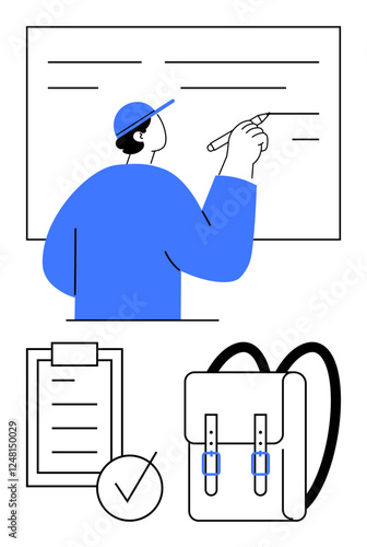 Person writing on board, clipboard with checkmark, backpack on white. Ideal for education, planning, learning, organization, productivity, student life abstract line flat metaphor