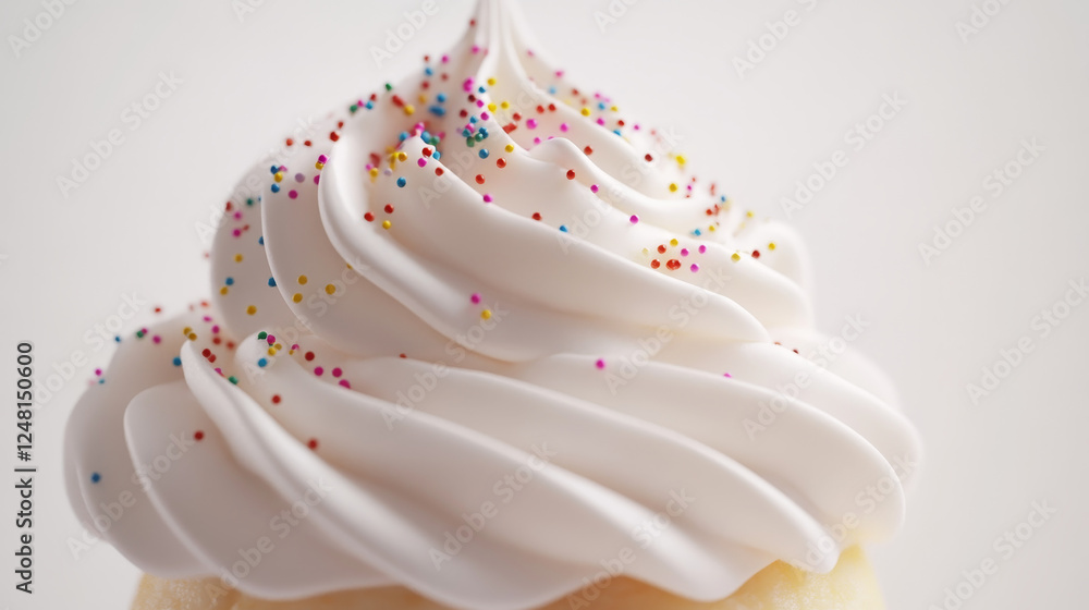 Whipped cream swirl or meringue with sprinkles top side view 3D vector. Custard, butter or vanilla creme for decoration cake, cupcake or muffin, realistic elements set isolated on background Whipped cream swirl or meringue with sprinkles top side view 3D vector. Custard, butter or vanilla creme for decoration cake, cupcake or muffin, realistic elements set isolated on background