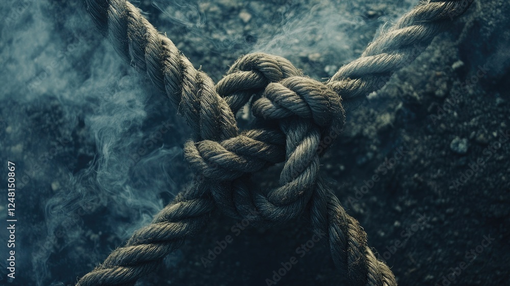 Fototapeta premium A strong loop knot standing firm amidst broken ropes, symbolizing resilience, unity, and the enduring power of strength in adversity.