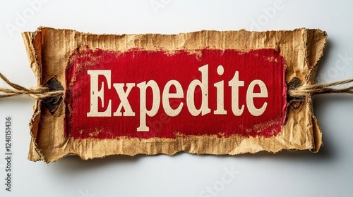 Unique handcrafted sign showcasing the word expedite in a rustic style with natural materials