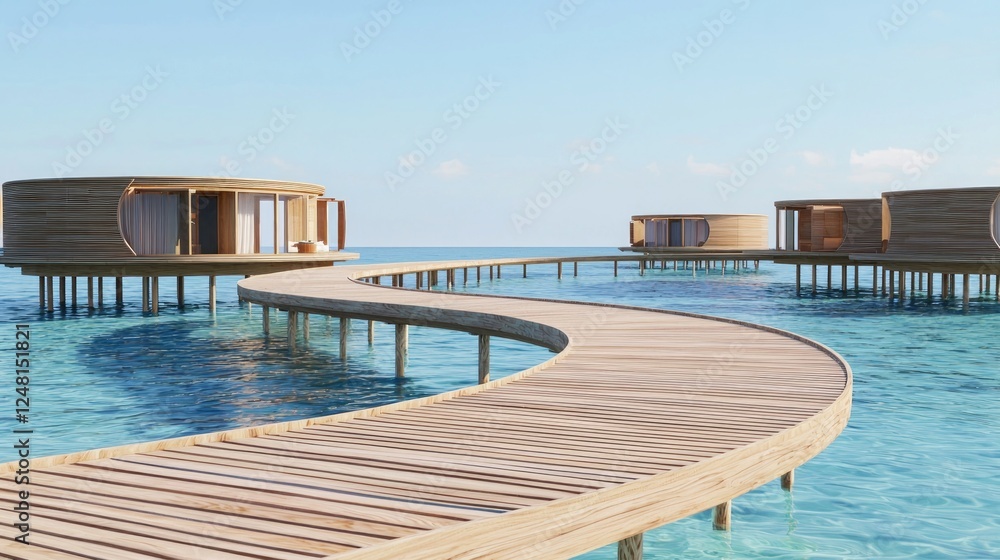 Fototapeta premium Scenic Overwater Bungalows on Clear Blue Ocean Water Pathway