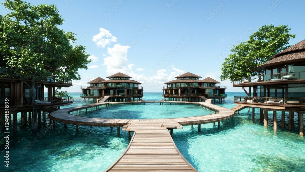 Obraz premium Stunning Overwater Bungalows Surrounded by Crystal Clear Water