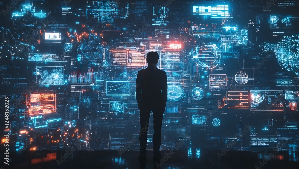 Silhouette of a person standing in a futuristic tunnel of glowing data and technology Silhouette of a person standing in a futuristic tunnel of glowing data and technology