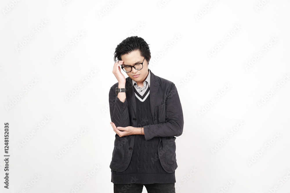 Hand on Head with pain on head, suffering headache Of Handsome Asian Man Isolated On White Background