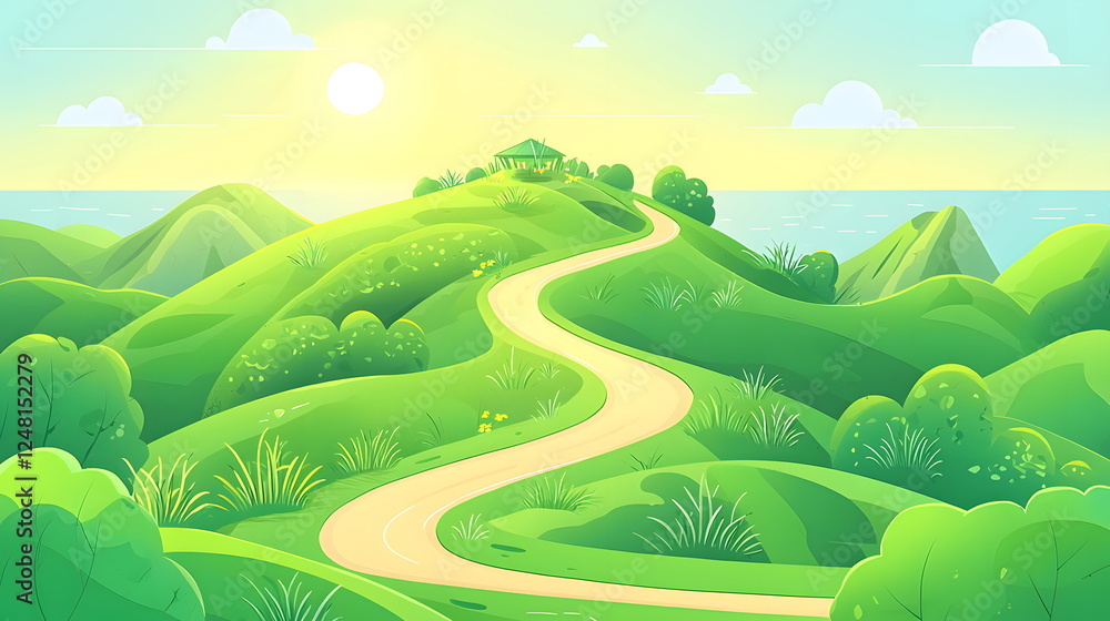 Sunny landscape with rolling green hills, winding path, and a serene ocean view under a bright blue sky. Sunny landscape with rolling green hills, winding path, and a serene ocean view under a bright blue sky.