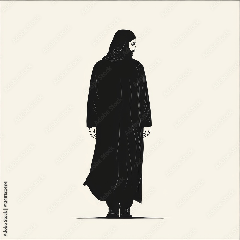 Man in black robe, thoughtful pose, minimalist style, potential for fashion or cultural theme
