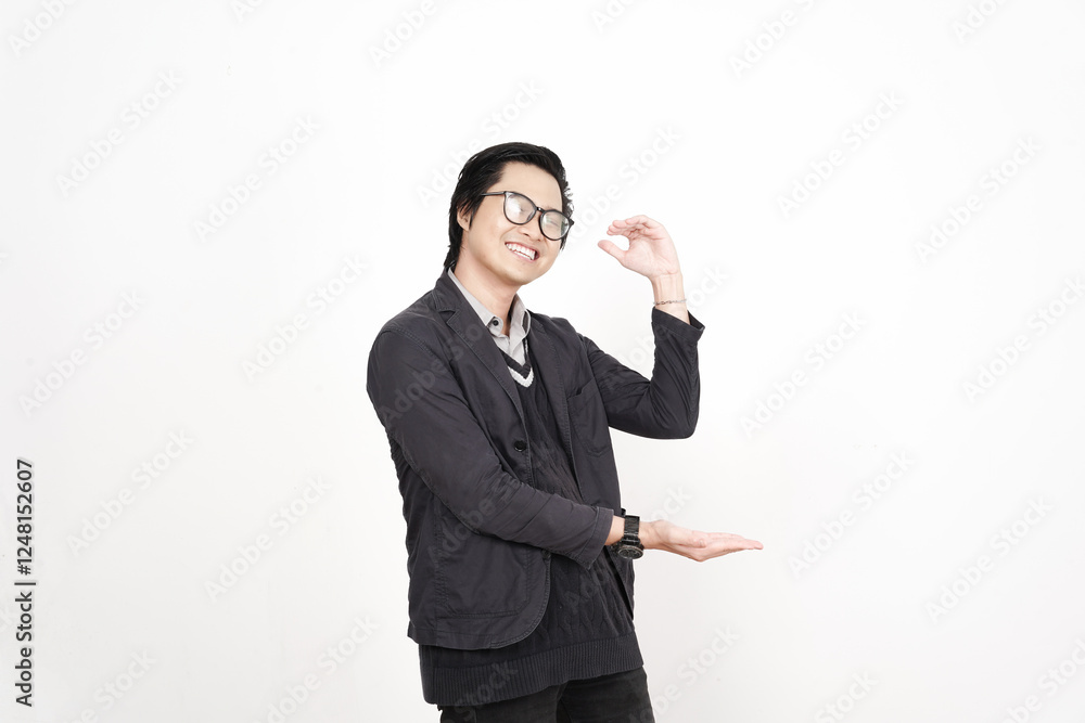 Holding and Presenting copyspace on open palm, Measuring something Of Handsome Asian Man Isolated On White Background Holding and Presenting copyspace on open palm, Measuring something Of Handsome Asian Man Isolated On White Background